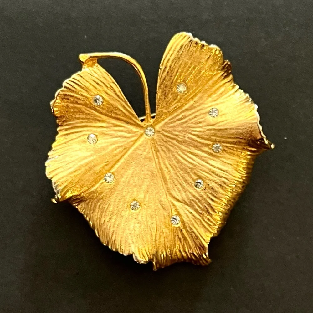 Vintage Coro Gold-Tone Textured Leaf Brooch 2x2 Rhinestone Statement Pin Signed